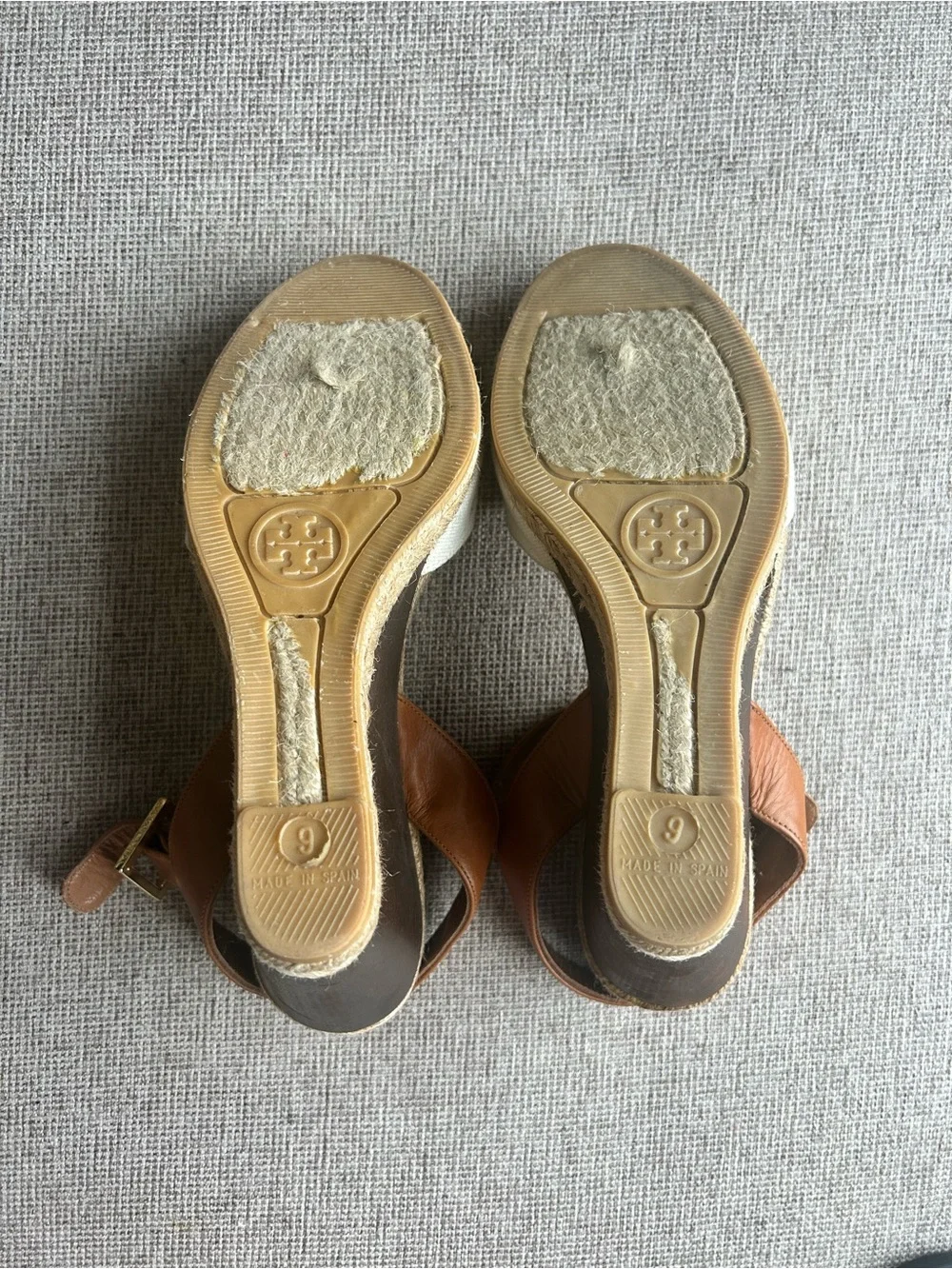 Tory Burch Brown Leather and Tan Strap Espadrille Wedges with White Canvas Heel